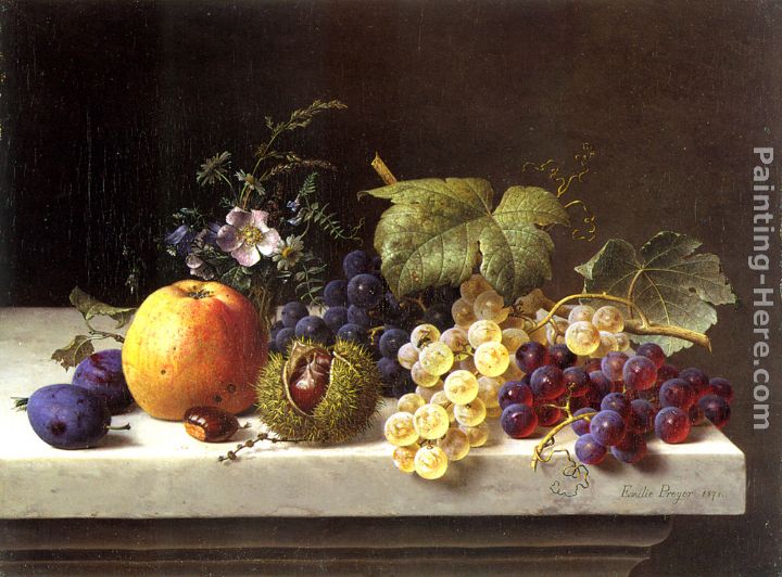 Grapes Plums Etc. On A Marble Ledge painting - Emilie Preyer Grapes Plums Etc. On A Marble Ledge art painting